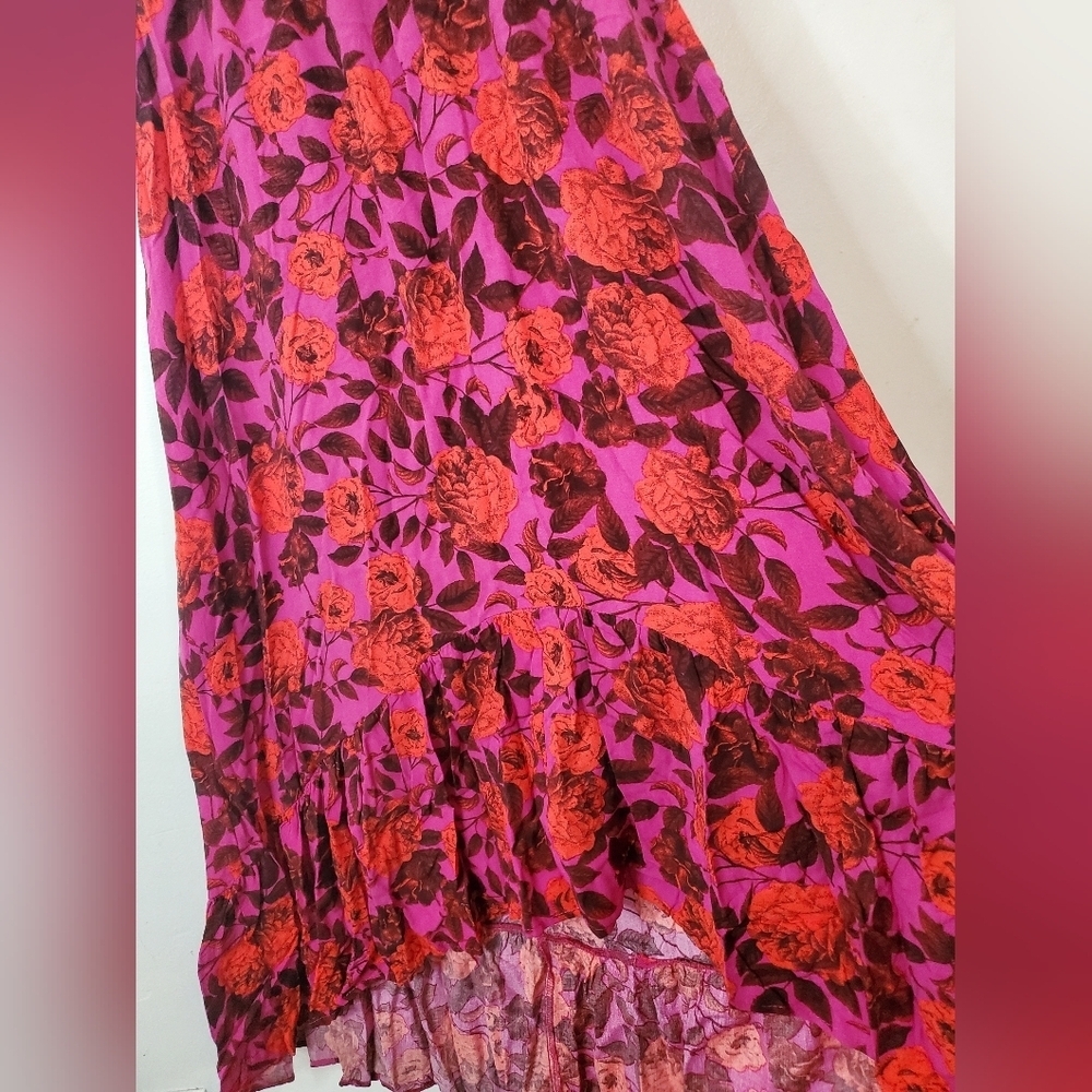 Abel The Label Purple Red Floral Midi Dress Size Medium High-Low Flutter Sleeves - Picture 2 of 12